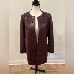 Chico’s Cherry Brown Faux Leather Artisanal Cut Out Topper Jacket, women’s 4